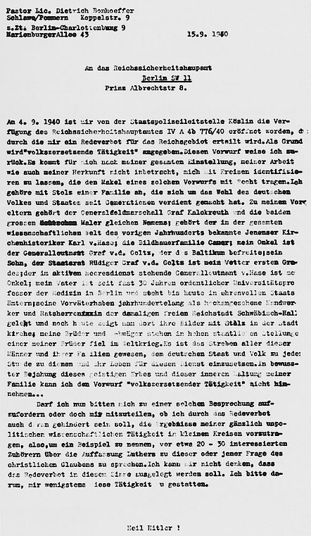 Brief an das <q>Reichssicherheitshauptamt </q> in Berlin, Einspruch gegen das über Bonhoeffer verhängte <q>Reichsredeverbot</q>