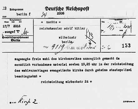 Protesttelegramm an Reichskanzler Adolf Hitler