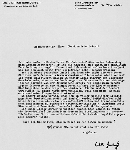 Brief D. Bonhoeffers an Oberkonsistorialrat Heckel vom 4. Oktober 1933