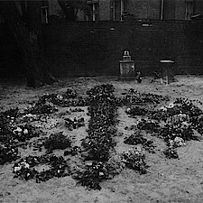 Ein Bombenkrater auf dem Dorotheenstädtischen Friedhof in Berlin wird zum Massengrab. Unter den Toten Klaus Bonhoeffer, Rüdiger Schleicher, Friedrich Justus Perels und Hans John (Aufnahme aus dem Jahr 1945).
