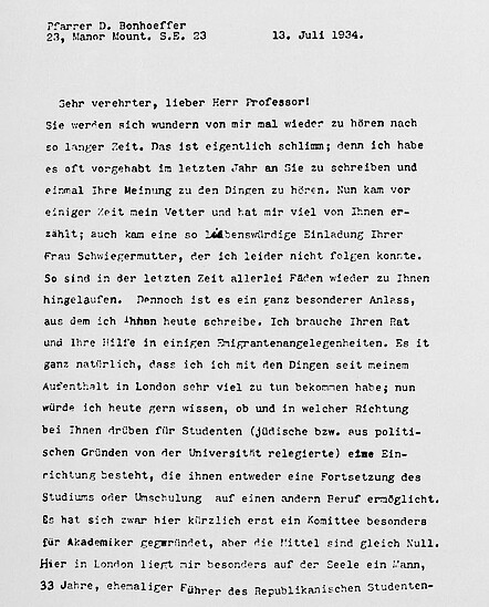 Brief D. Bonhoeffers an Prof. Niebuhr vom 13. Juli 1934