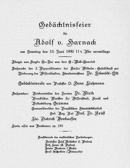 Gedrucktes Programm der Gedächtnisfeier für Adolf von Harnack am 15. Juni 1930
