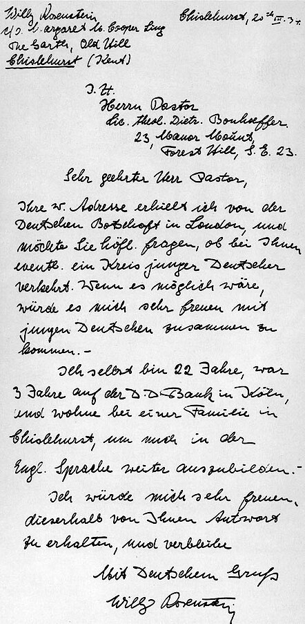Willy Rosenstein an Dietrich Bonhoeffer. Brief vom 20. März 1934