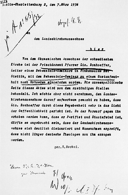 Bischof D. Heckel an den Landeskirchenausschuss in Berlin. Brief vom 7. März 1936.