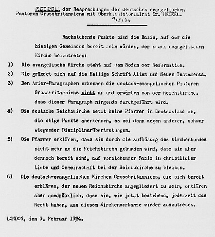 Protokoll der Besprechungen der deutschen evangelischen Pastoren Großbritanniens mit Dr. Heckel am 9. Februar 1934. Protokollexemplar D. Bonhoeffers.