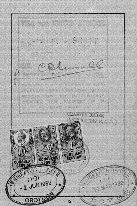 Reisepass Dietrich Bonhoeffers, Seite 15: Ankunft in Croydon am 2. Juni 1939
