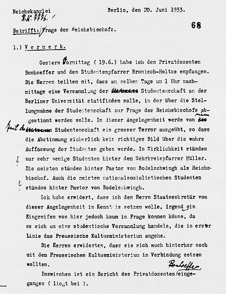 Aktenvermerk aus der Reichskanzlei vom 20. Juni 1933