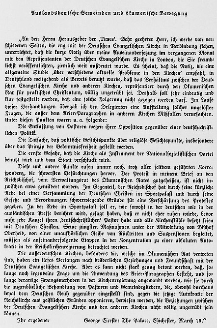 Bischof Bell an den Herausgeber der <q>Times</q>. Brief vom 19. März 1934 (Abdruck der Zeitschrift Junge Kirche 8/1934).