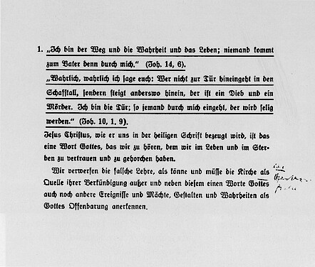 Bonhoeffers Handexemplar der <q>Theologischen Erklärung von Barmen</q>. Handschriftlicher Zusatz zur ersten These: <q>eine Offenbarungsquelle</q>.