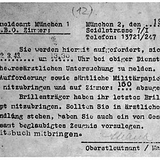 Musterungsaufforderung des Münchener Wehrmeldeamtes für D. Bonhoeffer vom 13. März 1943