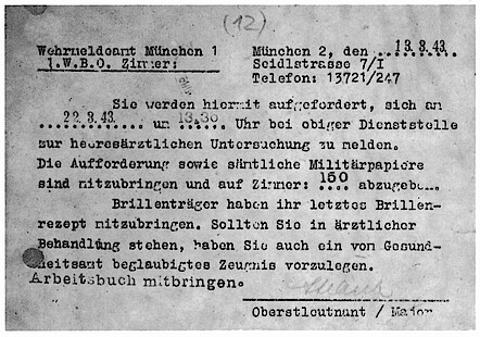 Musterungsaufforderung des Münchener Wehrmeldeamtes für D. Bonhoeffer vom 13. März 1943